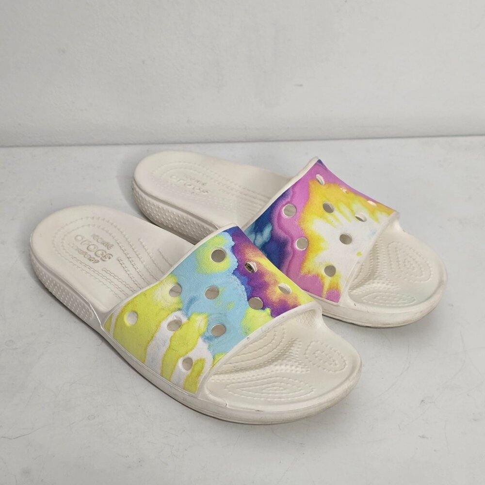 CROCS Classic Slide Kids Sandals Mens 3 /‎ Womens 5 Tie Dye Graphic White